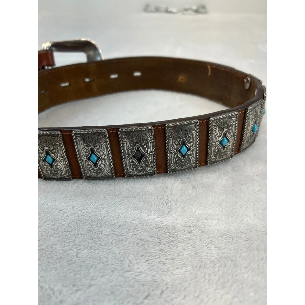 Leather Belt Unisex 34 Brown Handtooled Western Turquoise Concho Silver Buckle